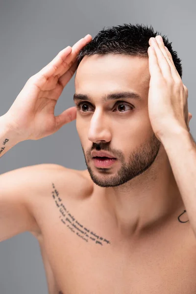 Cămașă Fără Cămașă Tatuat Bărbat Hispanic Atingând Părul Izolat Gri — Fotografie, imagine de stoc