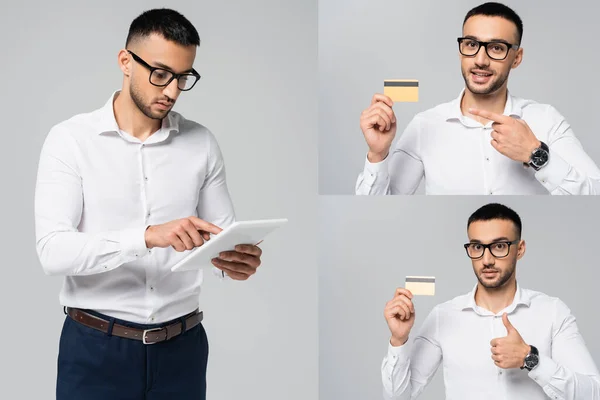 Collage Hispanic Manager Using Digital Tablet Pointing Credit Card Showing — Stock Photo, Image
