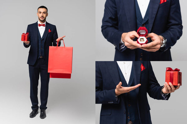 collage of elegant hispanic man holding shopping bags and jewelry box, and pointing at valentines day present on grey