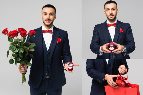 collage of hispanic man in elegant suit holding red roses and jewelry box, and putting gift into shopping bag isolated on grey