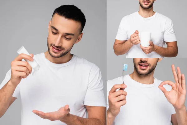 Collage Hispanic Man Holding Hand Cream Tea Cup Toothbrush Showing — Stock Photo, Image