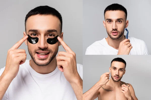 Colagem Homem Hispânico Aplicando Manchas Oculares Barbear Segurando Fio Dental — Fotografia de Stock