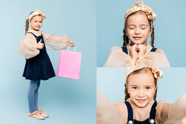 collage of little customer holding shopping bag, smiling, showing thumb up and looking at camera on blue