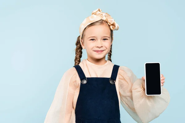 Happy Kid Pigtails Holding Smartphone Blank Screen Isolated Blue — Stock Photo, Image