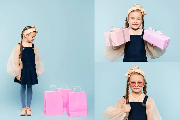 Collage Little Girl Sunglasses Showing Thumb Holding Presents Looking Shopping — Stock Photo, Image