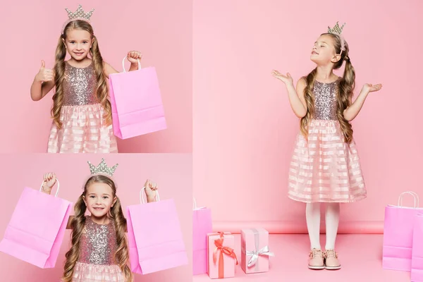 Collage Niña Vestido Corona Sosteniendo Bolsas Compras Mostrando Pulgar Hacia — Foto de Stock