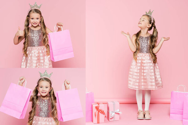 collage of little girl in dress and crown holding shopping bags, showing thumb up and standing near presents on pink