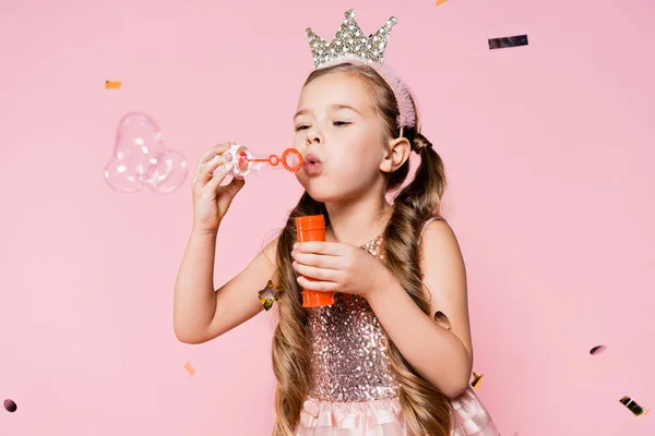 Little Girl Crown Blowing Soap Bubbles Falling Confetti Pink — Stock Photo, Image