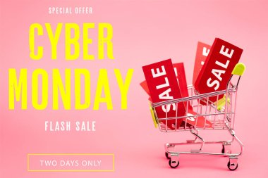 red labels with sale in small shopping trolley near special offer, cyber monday lettering on pink clipart
