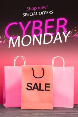shopping bag with sale near near shop now, special offers, cyber monday lettering on pink, black friday concept clipart
