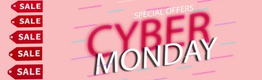 labels with sale near special offers, cyber monday lettering on pink, banner clipart