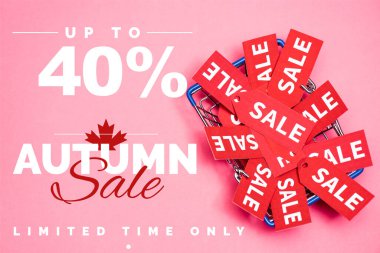 top view of sale tags in shopping basket near up to 40 percent off, autumn sale lettering on pink, black friday concept clipart