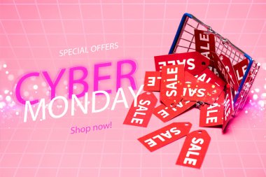 sale tags near shopping basket and special offers, cyber monday, shop now lettering on pink, black friday concept clipart