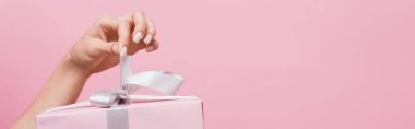 Pembe pankarta izole edilmiş hediye paketi üzerinde kurdele tutan kadının kısmi görüntüsü