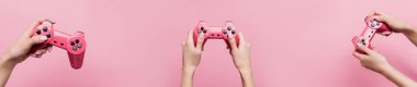 KYIV, UKRAINE - 26 Ekim 2020: Pembe üzerine izole edilmiş joystick tutan kadın kolajı