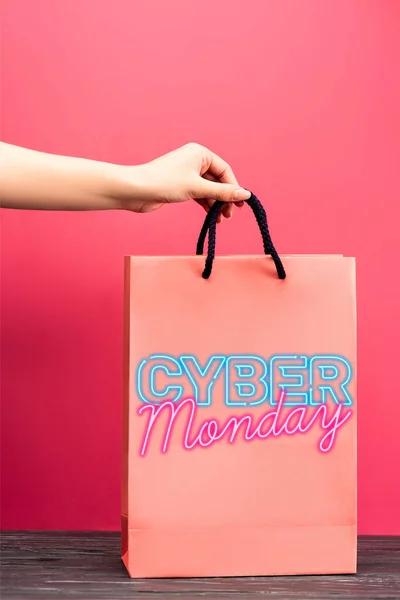 Cropped View Woman Holding Shopping Bag Cyber Monday Lettering Pink — Stock Photo, Image