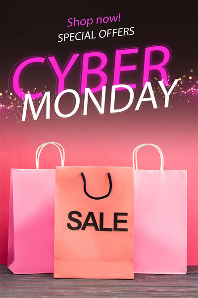 shopping bag with sale near near shop now, special offers, cyber monday lettering on pink, black friday concept