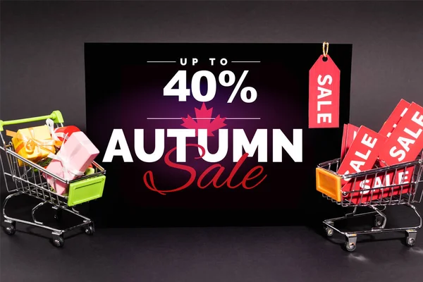 Small Presents Toy Shopping Carts Placard Percent Autumn Sale Lettering — Stock Photo, Image