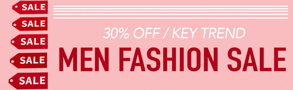 red labels near 30 percent off, key trend, men fashion sale lettering on pink, banner
