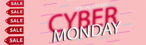 labels with sale near special offers, cyber monday lettering on pink, banner