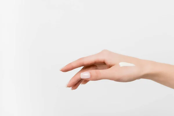 Partial View Woman Cosmetic Cream Hand Isolated White — Stock Photo, Image