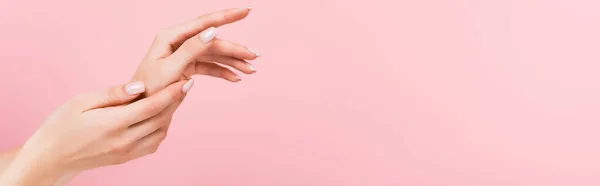 Partial View Woman Applying Cosmetic Cream Hands Isolated Pink Banner — Stock Photo, Image