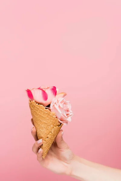 Vista Cortada Mulher Segurando Cone Waffle Com Flores Isoladas Rosa — Fotografia de Stock