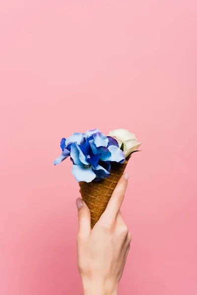 Partial View Woman Holding Waffle Cone Blue Flowers Hand Isolated — Stock Photo, Image