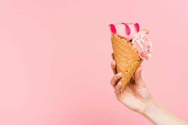 Cropped View Woman Holding Waffle Cone Flowers Hand Isolated Pink — Stock Photo, Image