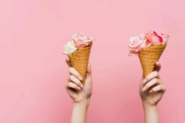 Cropped View Woman Holding Waffle Cone Flowers Hands Isolated Pink — Stock Photo, Image