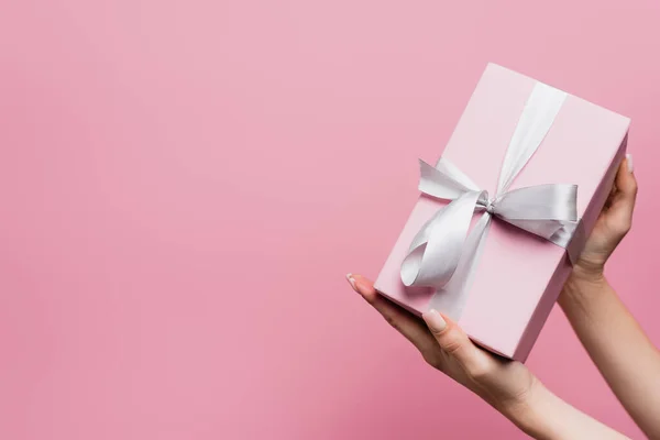 Partial View Woman Holding Wrapped Present Isolated Pink — Stock Photo, Image