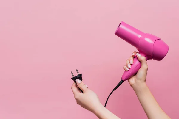 Cropped View Woman Holding Cable Plug Hair Dryer Isolated Pink — Stock Photo, Image