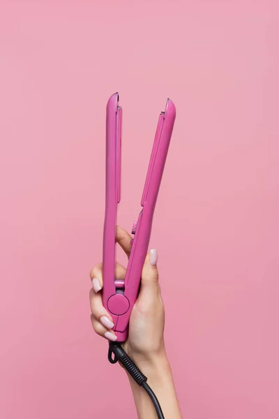 Cropped View Woman Holding Hair Straightener Isolated Pink — Stock Photo, Image