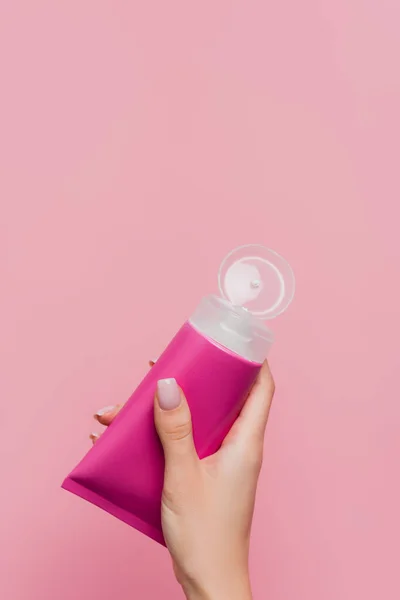 Partial View Woman Holding Tube Lotion Hand Isolated Pink — Stock Photo, Image