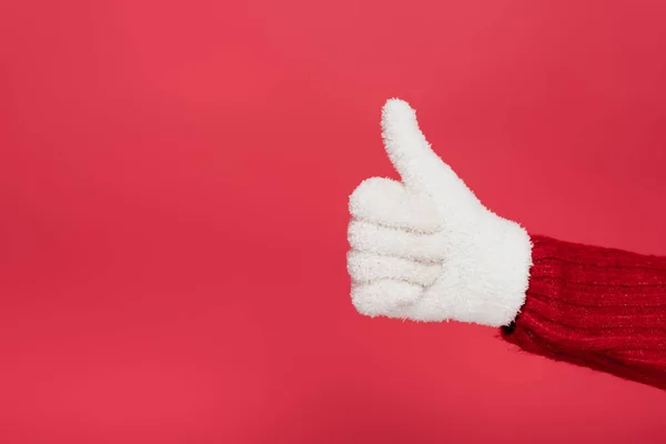 Cropped View Woman White Glove Showing Thumb Isolated Red — Stock Photo, Image