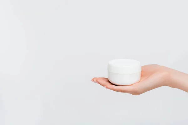 Partial View Woman Holding Jar Moisturizer Isolated White — Stock Photo, Image