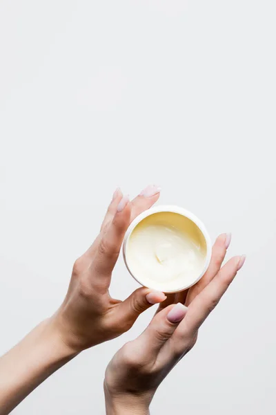 Top View Woman Holding Jar Cosmetic Cream Isolated White — Stock Photo, Image