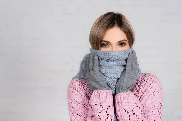 Woman in knitted sweater and gloves wrapped in scarf looking at camera on white background
