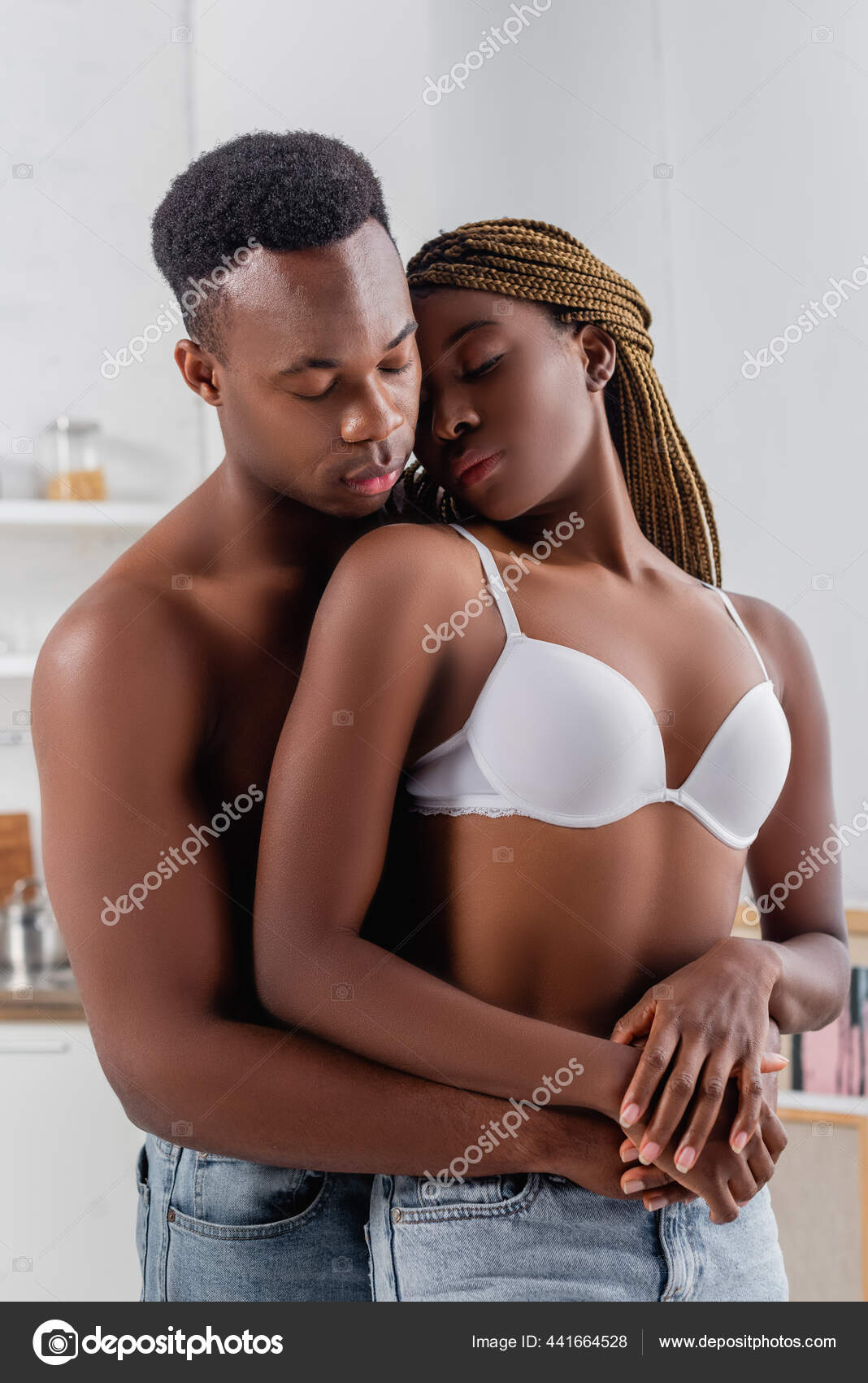 Muscular African American Man Hugging Sexy Girlfriend Bra Home Stock Photo  by ©IgorVetushko 441664528
