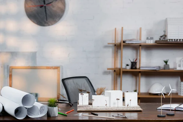 Rolled Blueprints Architectural Maquette Wind Turbines Models Desk Office — Stock Photo, Image