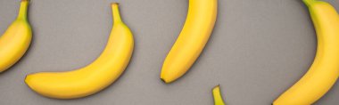 top view of ripe yellow bananas on grey background, banner clipart