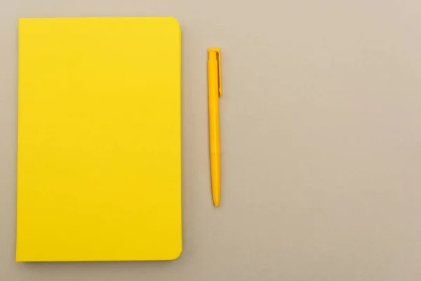 Вид Зверху Жовтий Блокнот Біля Ручки Ізольований Сірому — стокове фото