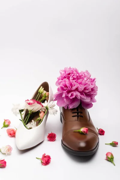 Ανθισμένο Λουλούδι Παιώνιας Ανδρικό Παπούτσι Κοντά Γυναικεία Υποδήματα Λευκό — Φωτογραφία Αρχείου