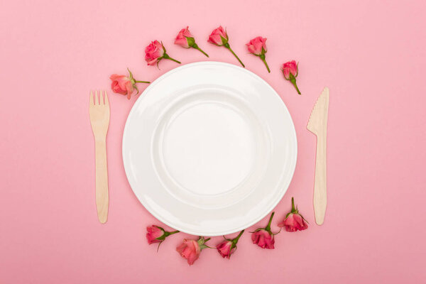 flat lay with disposable wooden cutlery near white plate and tea roses isolated on pink 