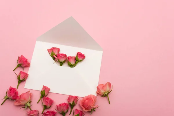 Vista Superior Envelope Branco Com Pequenas Rosas Chá Isoladas Rosa — Fotografia de Stock