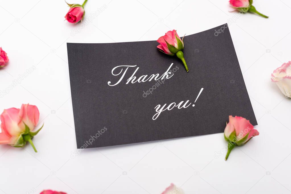 card with thank you lettering near tea roses on white 