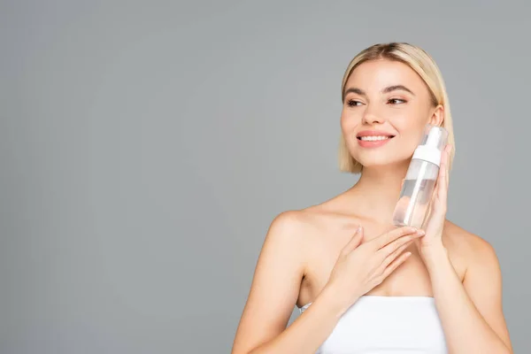 Cheerful Blonde Woman Holding Cleansing Foam Isolated Grey Copy Space — Stock Photo, Image