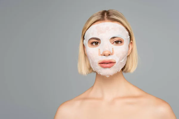 Young Woman Naked Shoulders Sheet Mask Face Isolated Grey — Stock Photo, Image