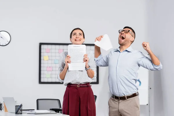 Excited Business People Holding Documents Contract Office — Stock Photo, Image