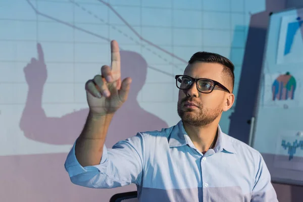 Businessman Glasses While Pointing Finger Digital Graphs — Stock Photo, Image